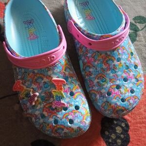 CROCS Lisa Frank Blue and Pink Unicorn Slippers